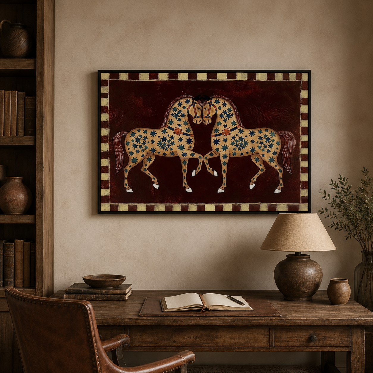 Medieval Folk Art Horse Painting With Stars On Brown Canvas For Classic Home Decor