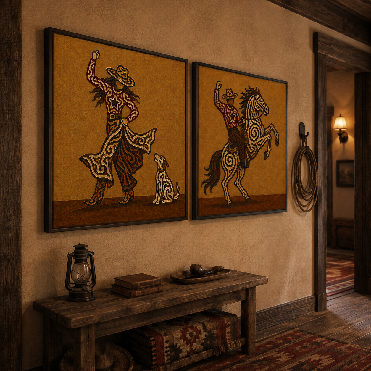 Cowboy Riding Horse Painting Rustic Western Cowgirl And Horse Set Of 2 Wall Art For Living Room