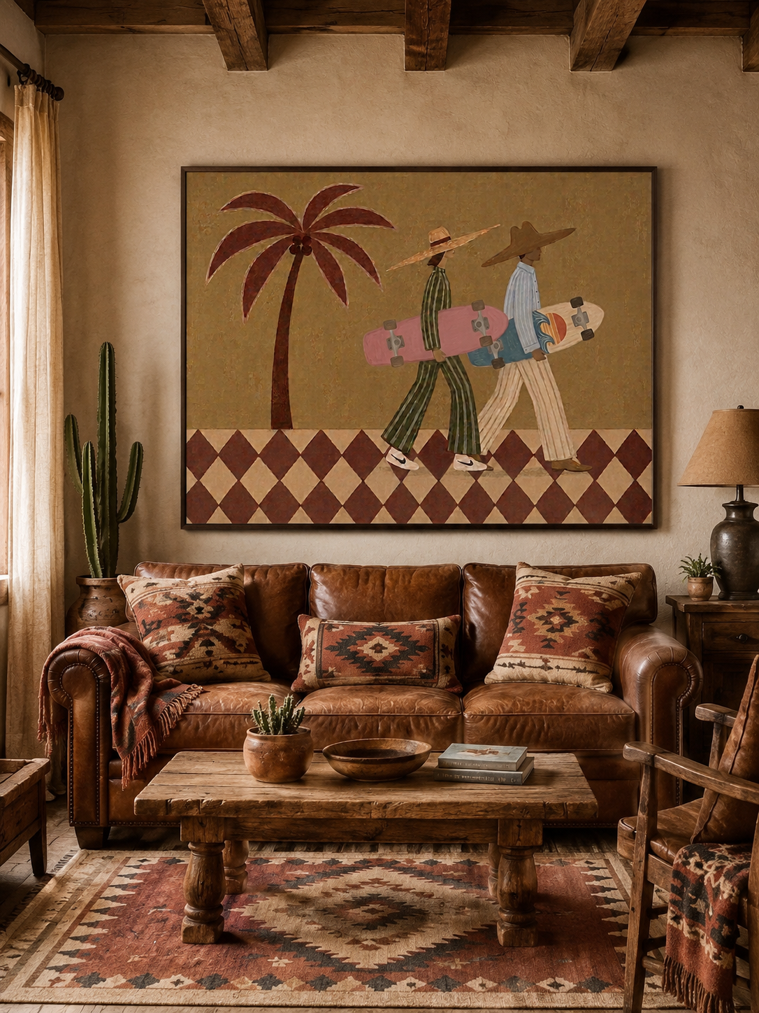 Vintage Skateboard Art With Palm Tree In Warm Brown Tones For Modern Home Decor