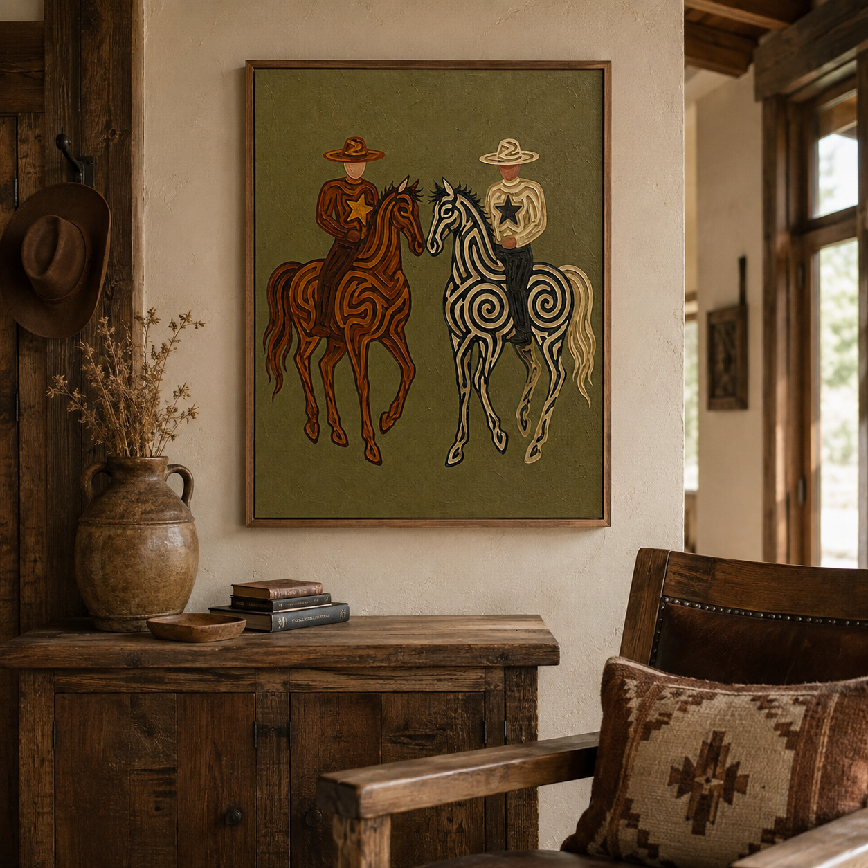Hand-Painted Cowboy And Horse Canvas Art In Olive Green For Vintage Western Decor