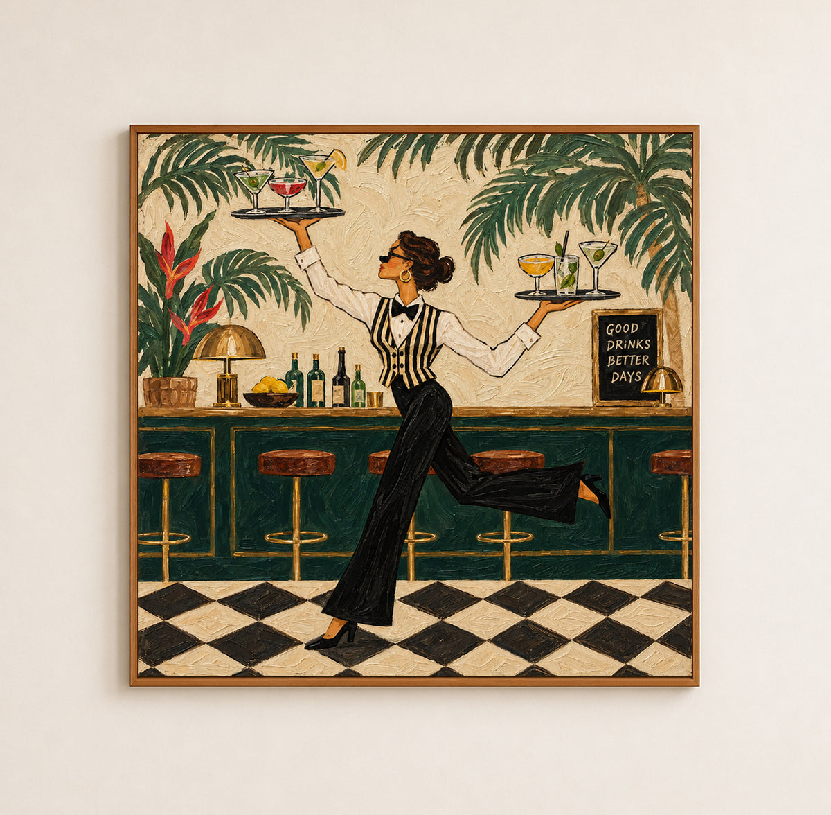 Stylish Bartender Canvas Painting With Cocktails And Tropical Plants For Home Bar Decor