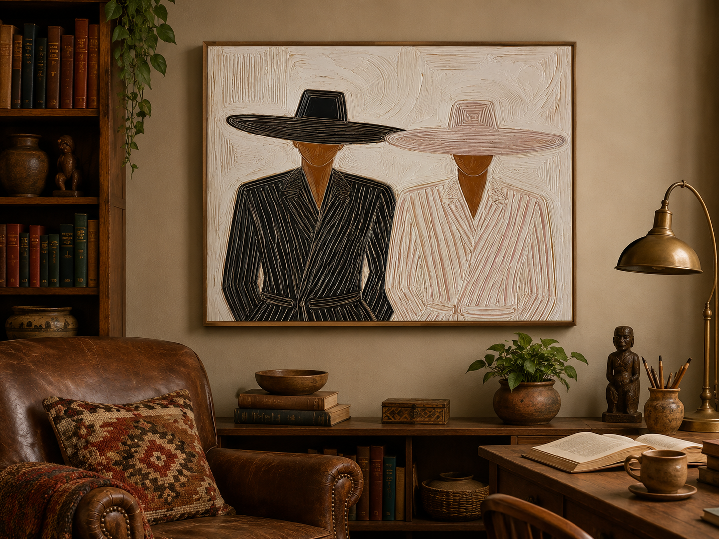 Minimalist Figure Painting With Hats For Modern Living Room Decor In Beige And Black