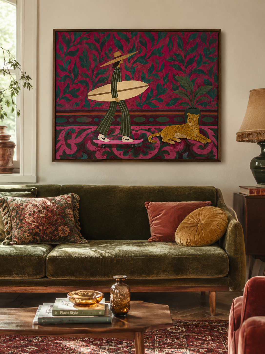 Tropical Folk Surf Woman With Cheetah Pink Floral Background Original Oil Painting For Living Room Decor