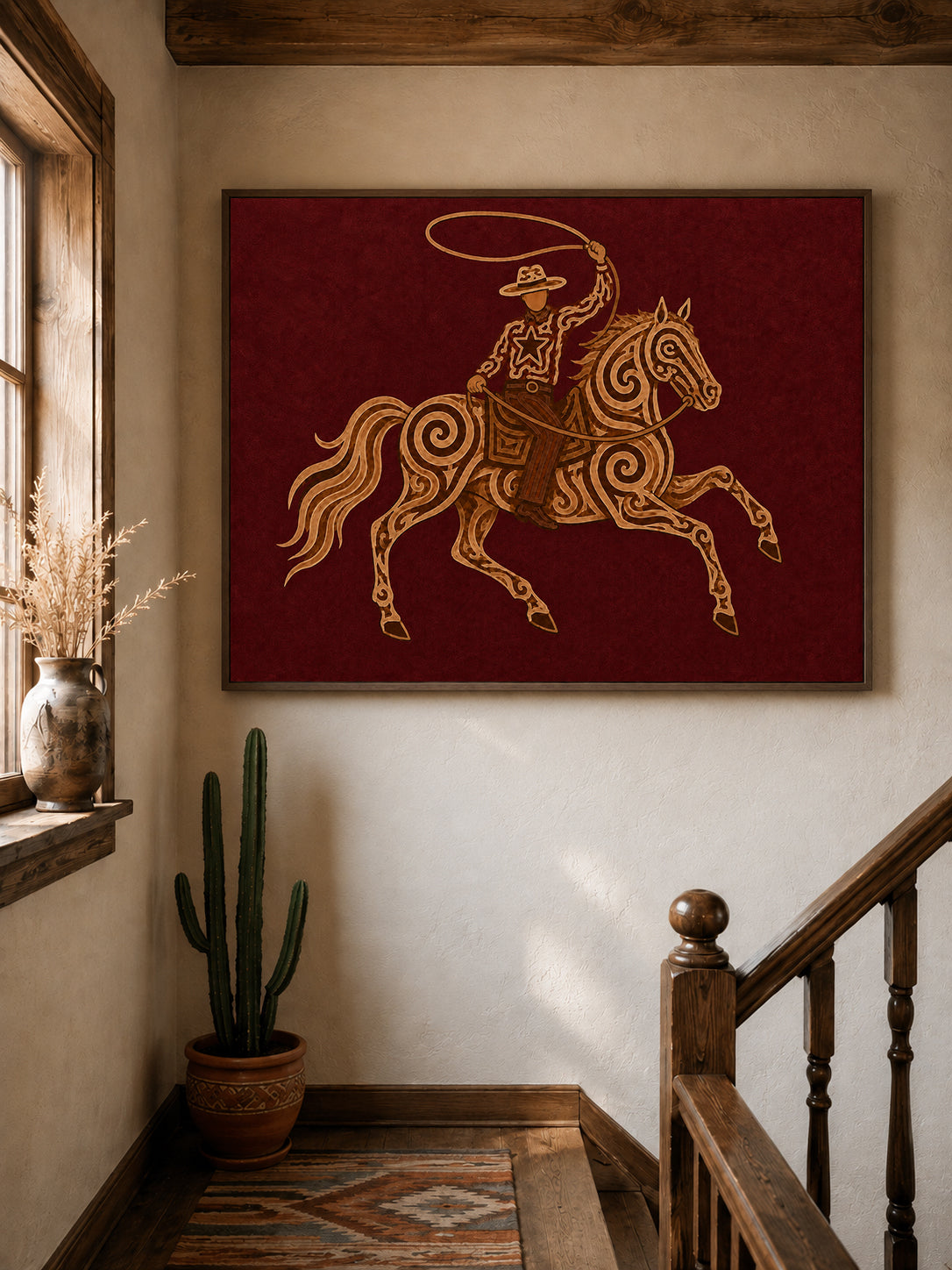 Red Cowboy Horse Oil Painting, Burgundy Western Wall Art, Lasso Rodeo Ranch Decor