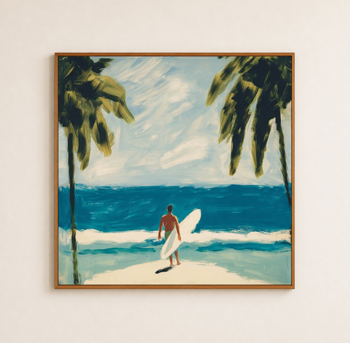 Surfer And Palm Trees Beach Canvas Painting Blue Ocean Wall Art