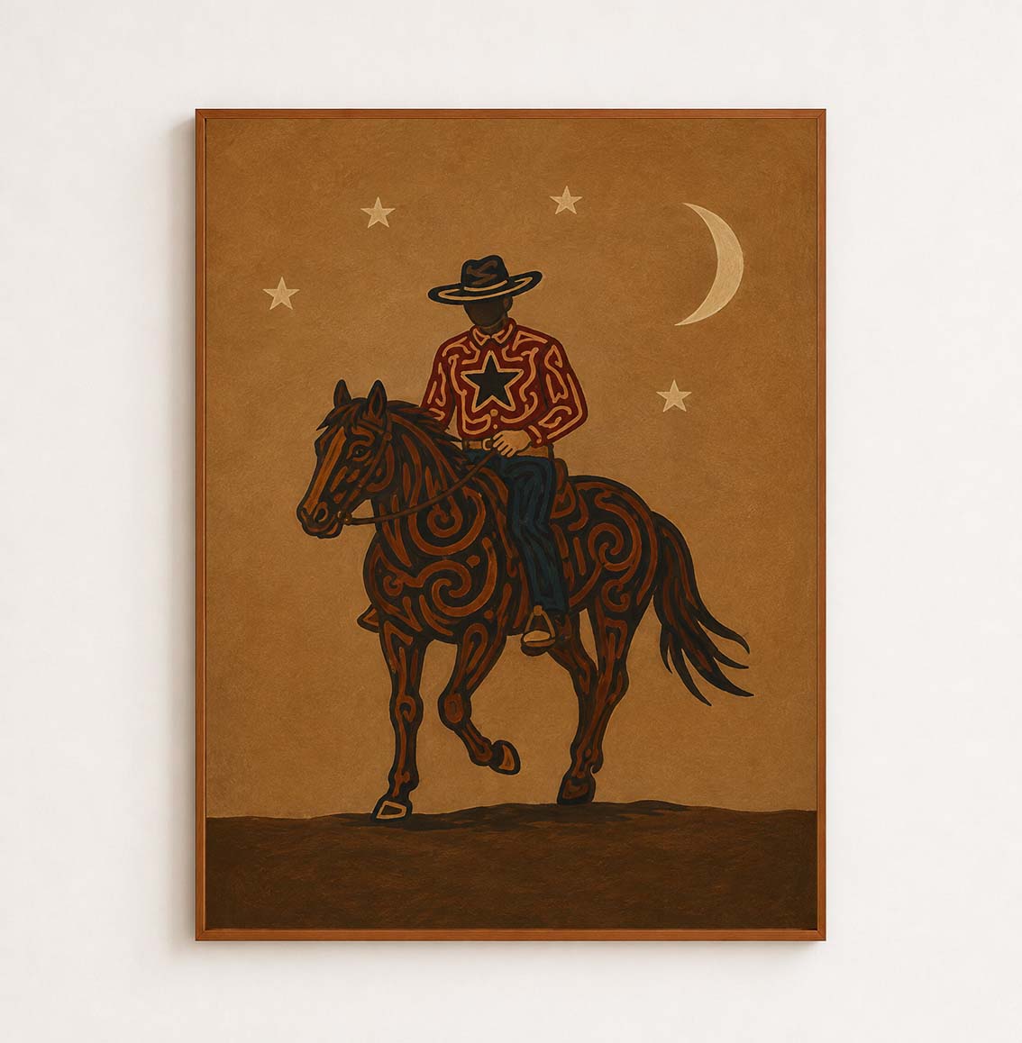 Moonlit Cowboy Horse Painting, Western Folk Wall Art, Southwestern Ranch Night Decor