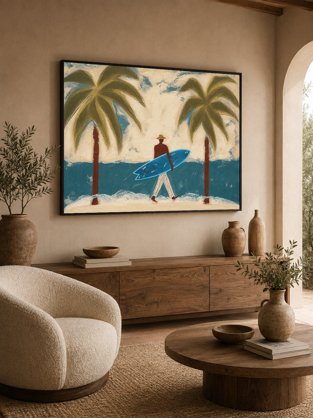 Surfer With Blue Board Vintage Beach Canvas Painting Hand-Painted Wall Art For Coastal Decor