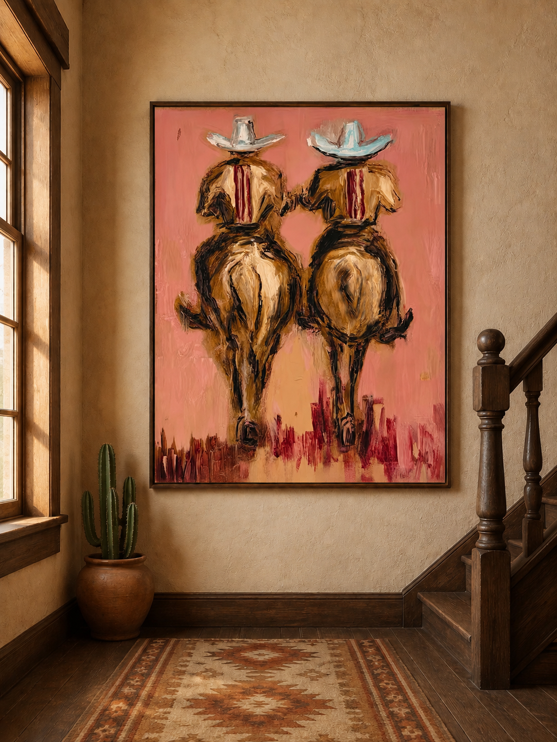 Horseback Riding Wall Art Western Riders On Horseback Hand-Painted Oil Painting | Rustic Wall Art