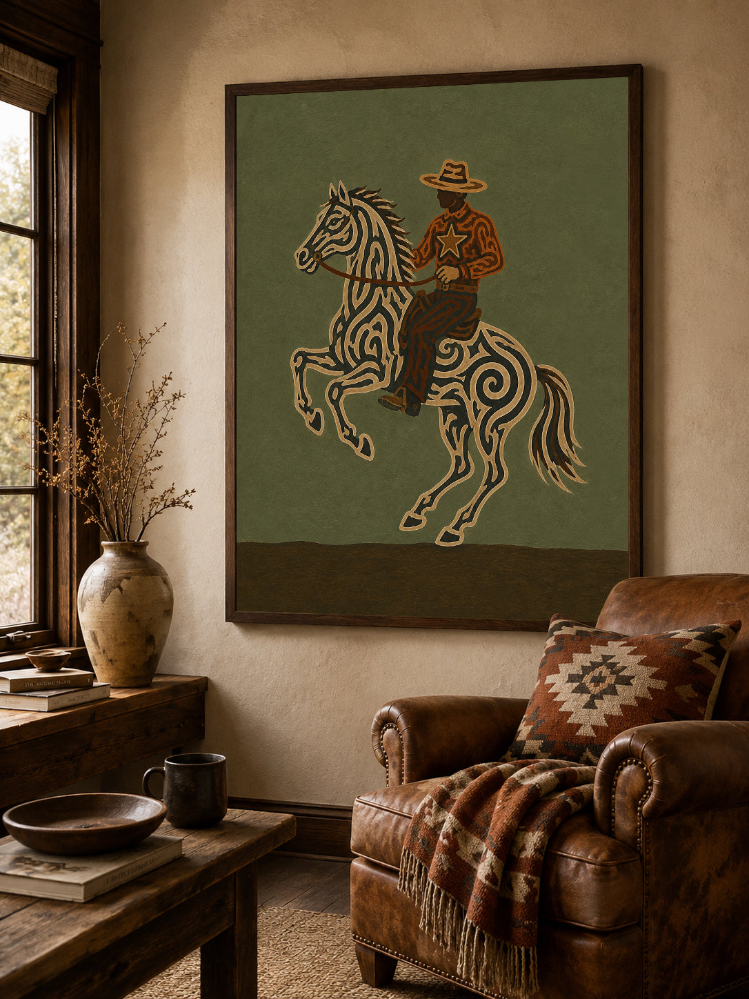 Unique Cowboy And Horse Artwork Gift For Equestrian Fans With Retro Vintage Style