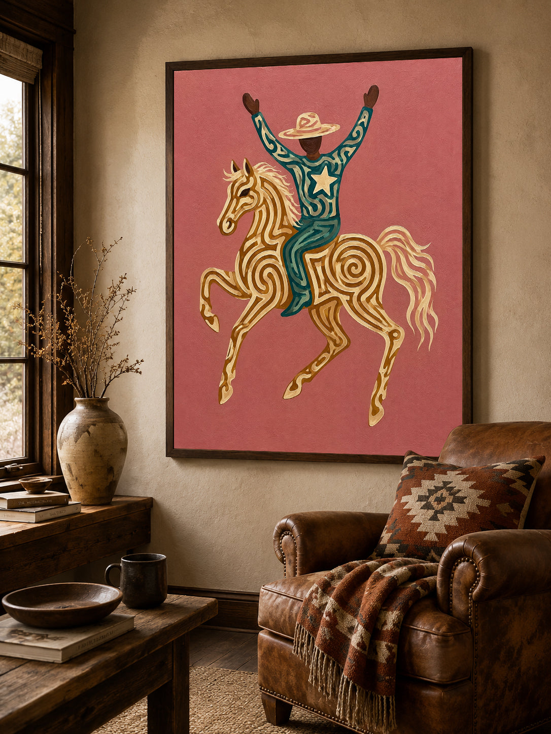 Modern Western Wall Art, Cowboy On Horse Canvas , Pink Background Wild West Painting