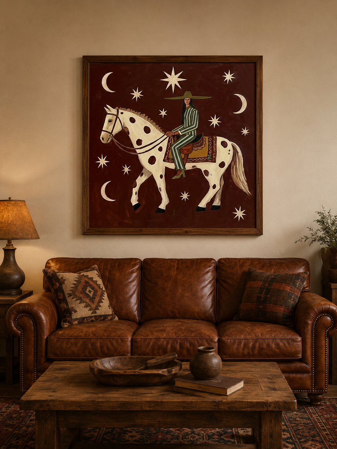 Whimsical Folk Art Painting Of Woman Riding Horse Under Stars For Living Room Decor