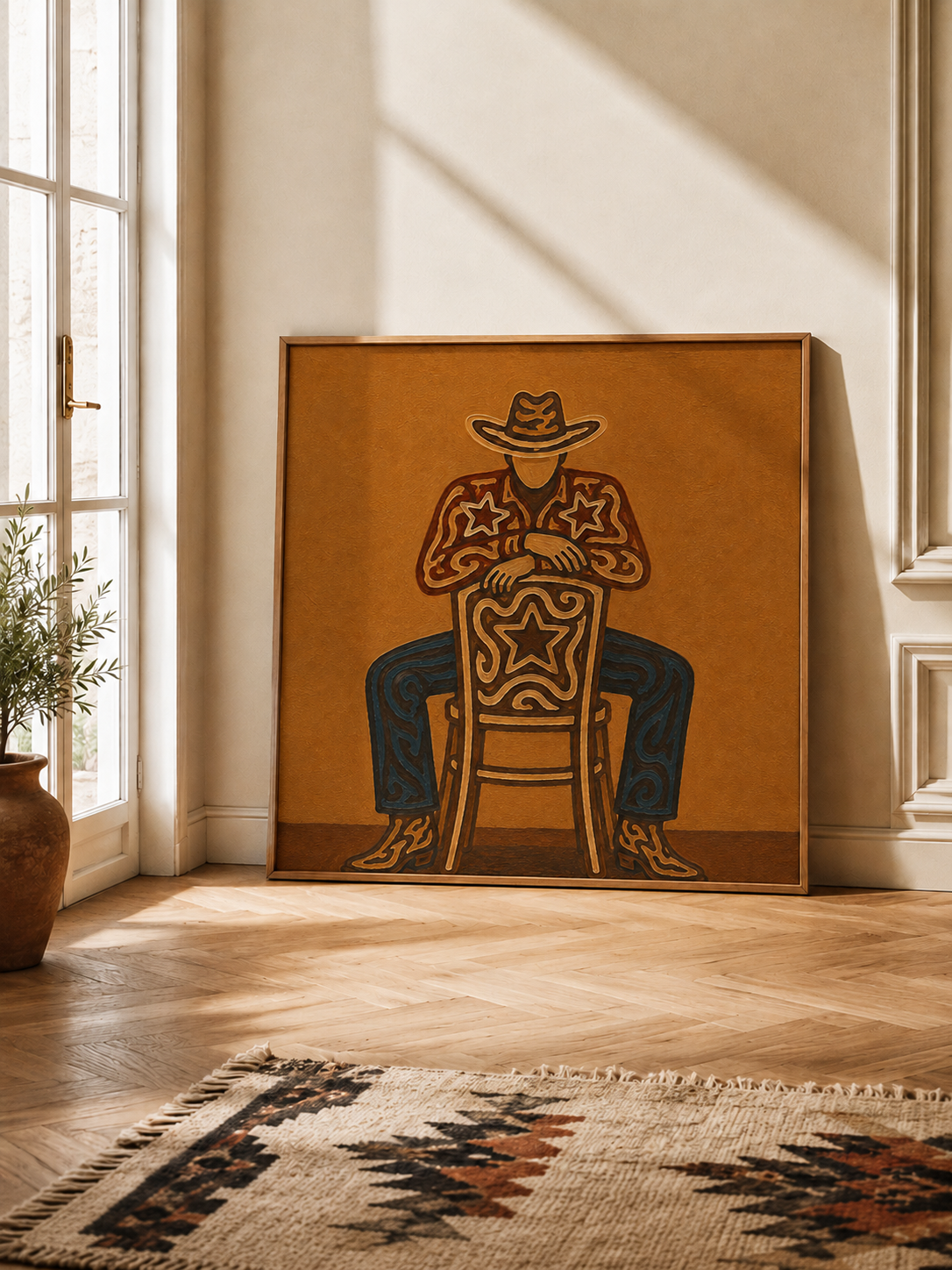 Cowboy Sitting On Chair Art, Bold Western Wall Decor, Minimalist Cowboy Painting, Warm Tone Western Art