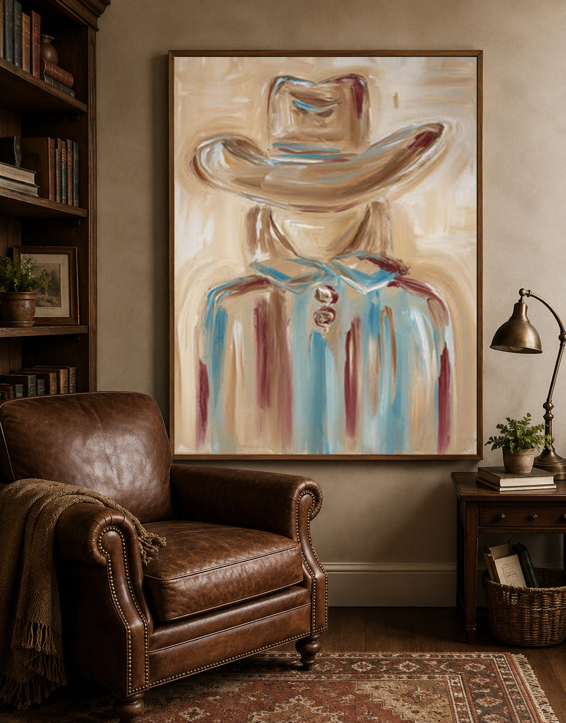 Cowgirl Portrait Canvas Painting Hand-Painted Wall Art In Blue And Beige