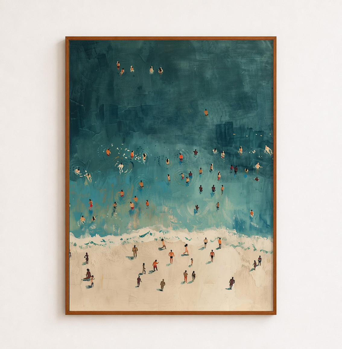 Retro Beach Painting With Minimalist Figures In Teal And Beige For Modern Living Room Wall Art