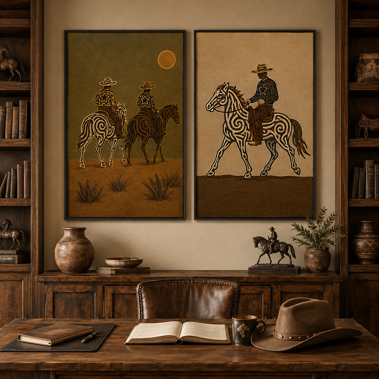 Vintage Sunset Desert Western Wall Art Set Of 2, Cowboy Riding Canvas Painting, Earth Tone Rustic Home Decor