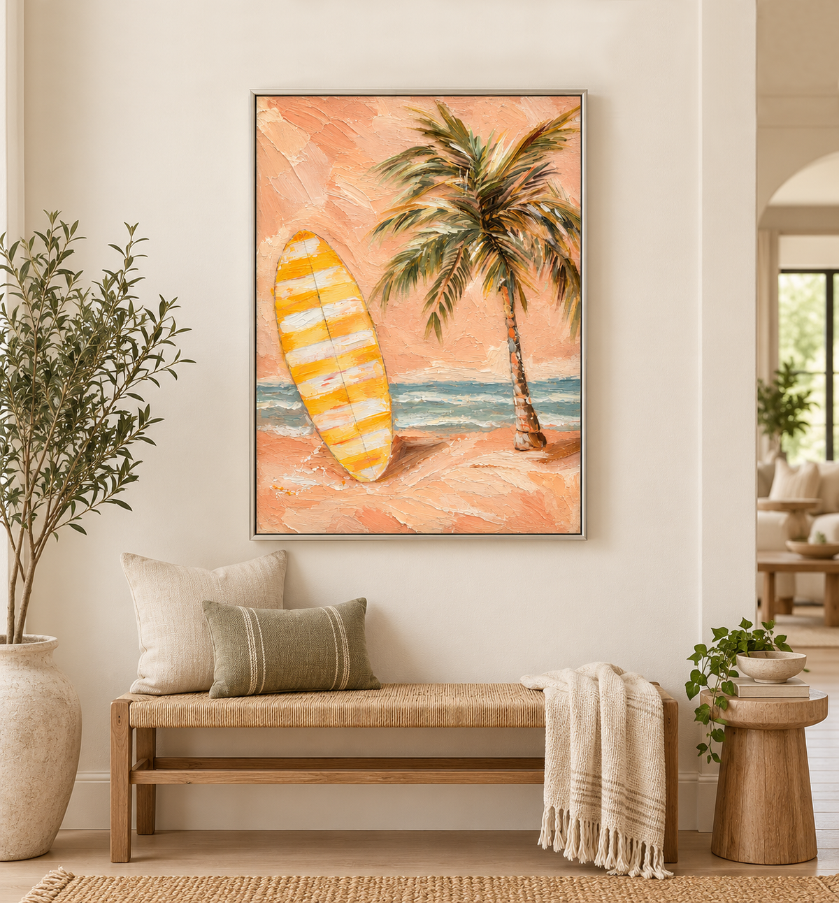 Tropical Surfboard Wall Art, Peach Beach Oil Painting, Palm Tree Textured Canvas
