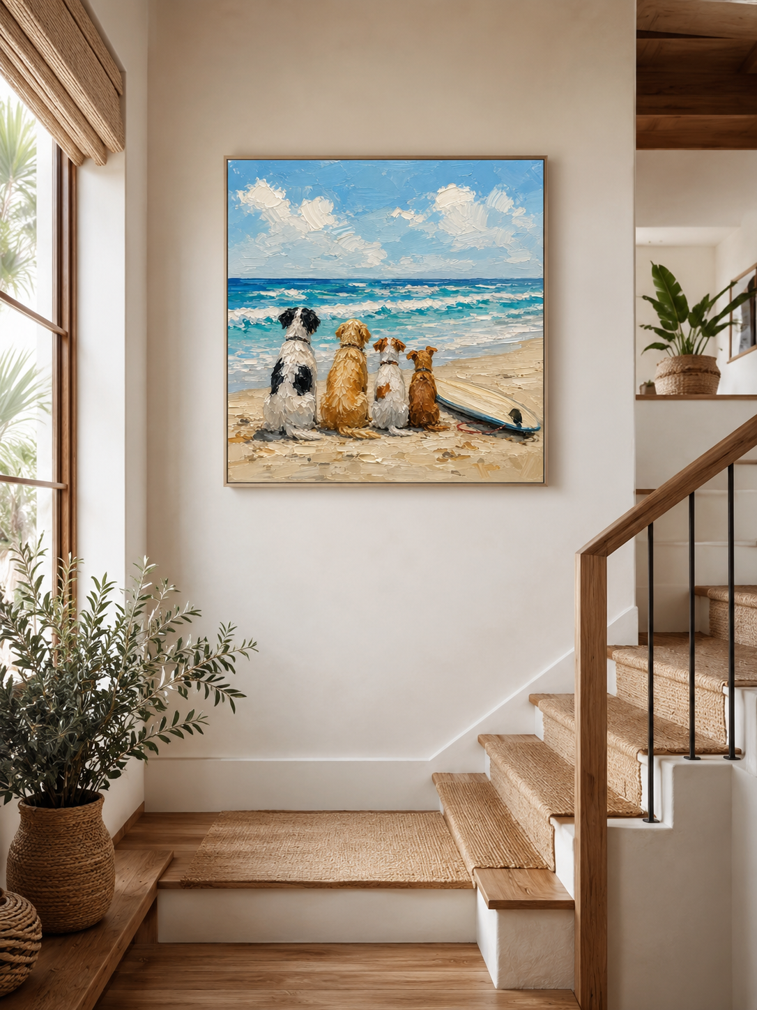 Hand Painted Dogs Watching Ocean Waves Impasto Beach Art For Dog Owners Gift