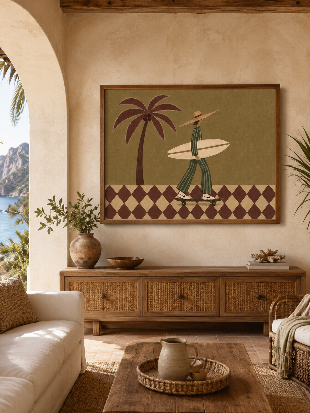 Retro Surf Art With Palm Tree And Skateboard For Modern Living Room Wall Decor