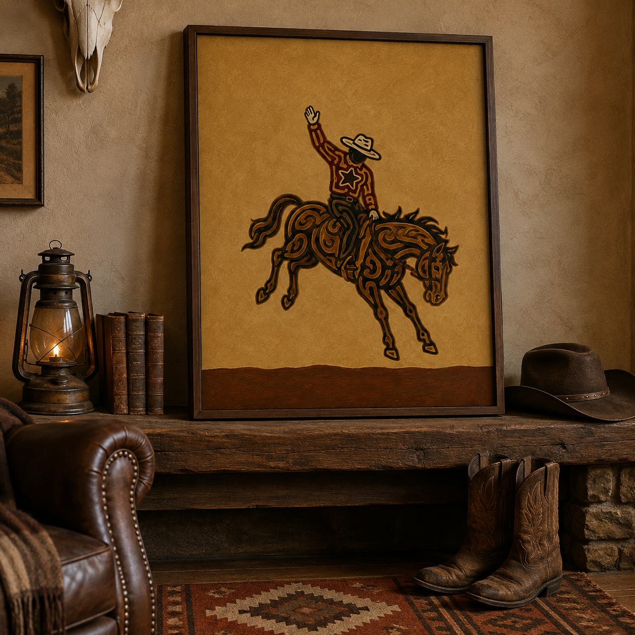 Rodeo Cowboy Painting, Bucking Horse Western Wall Art, Rustic Southwestern Ranch Decor
