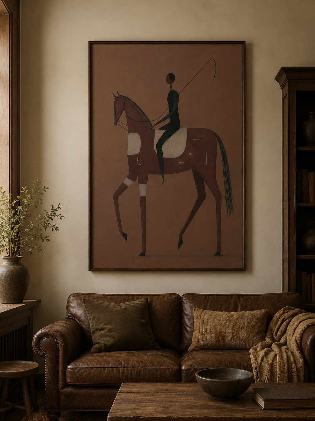 Minimalist Horse And Rider Painting Brown Earth Tones Original Oil Art