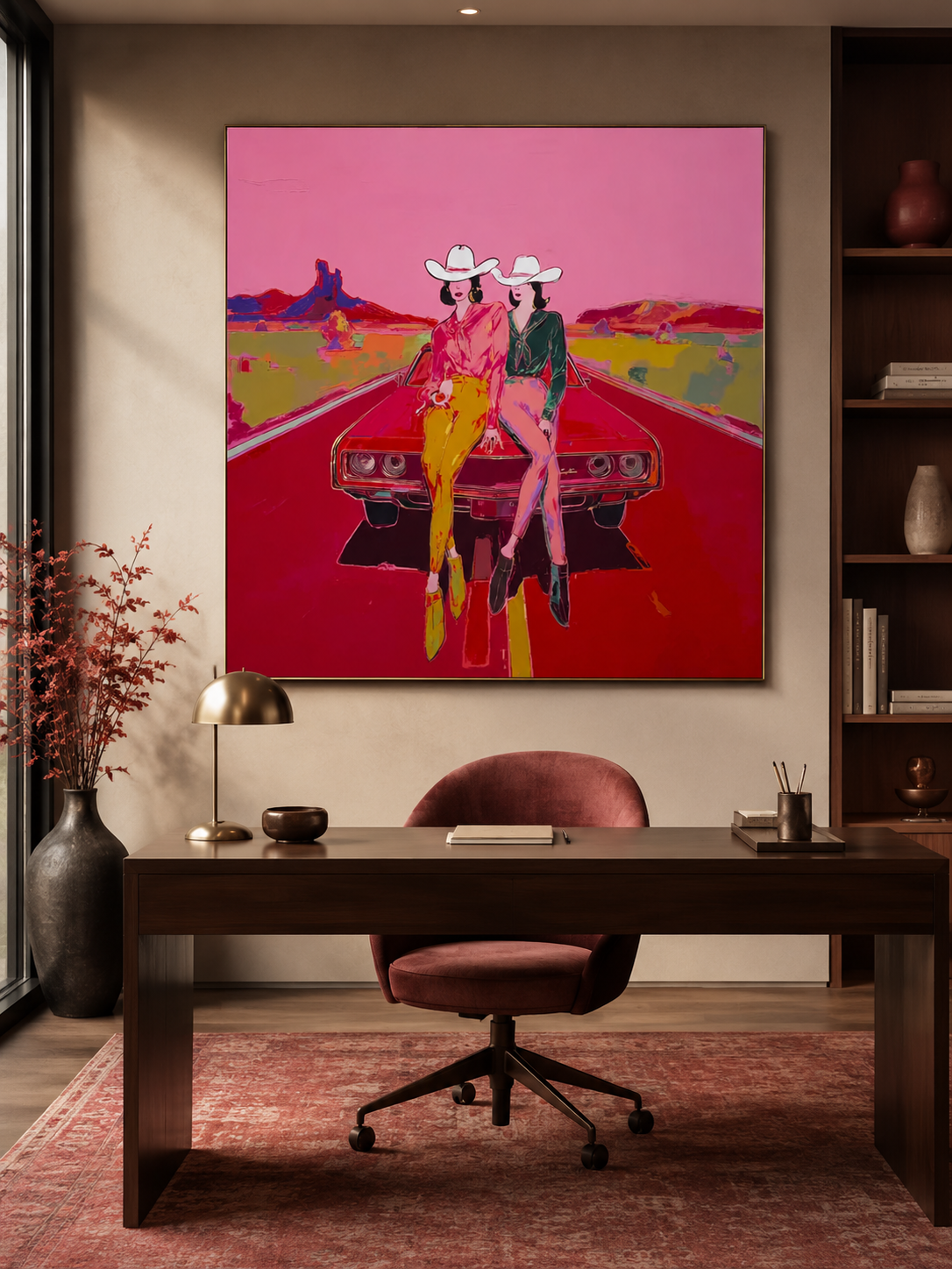 Vibrant Pink Cowgirl Pop Art Painting On Canvas For Modern Western Home Decor