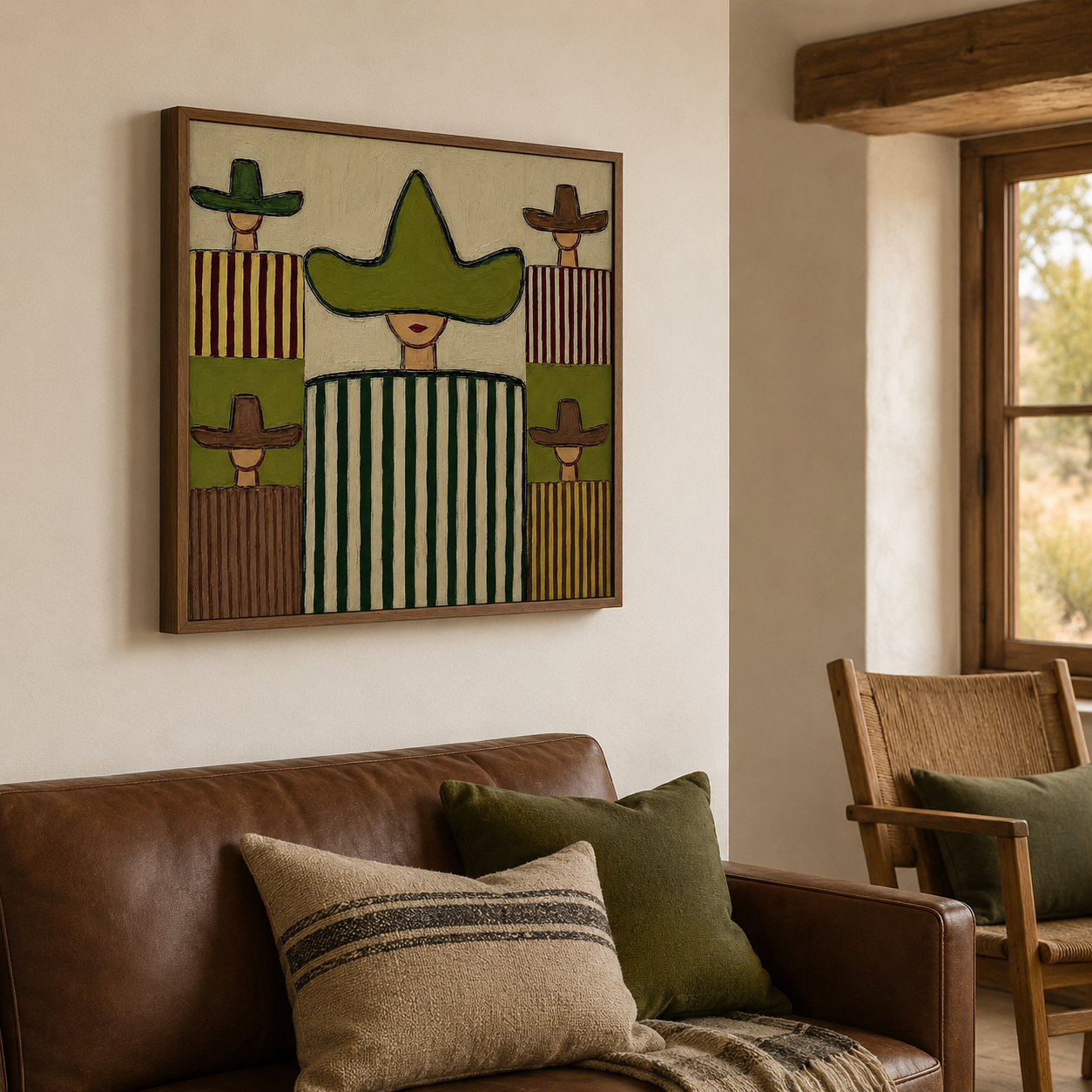 Abstract Figurative Oil Painting With Sombrero Motif In Olive Green And Brown Tones For Modern Wall Decor