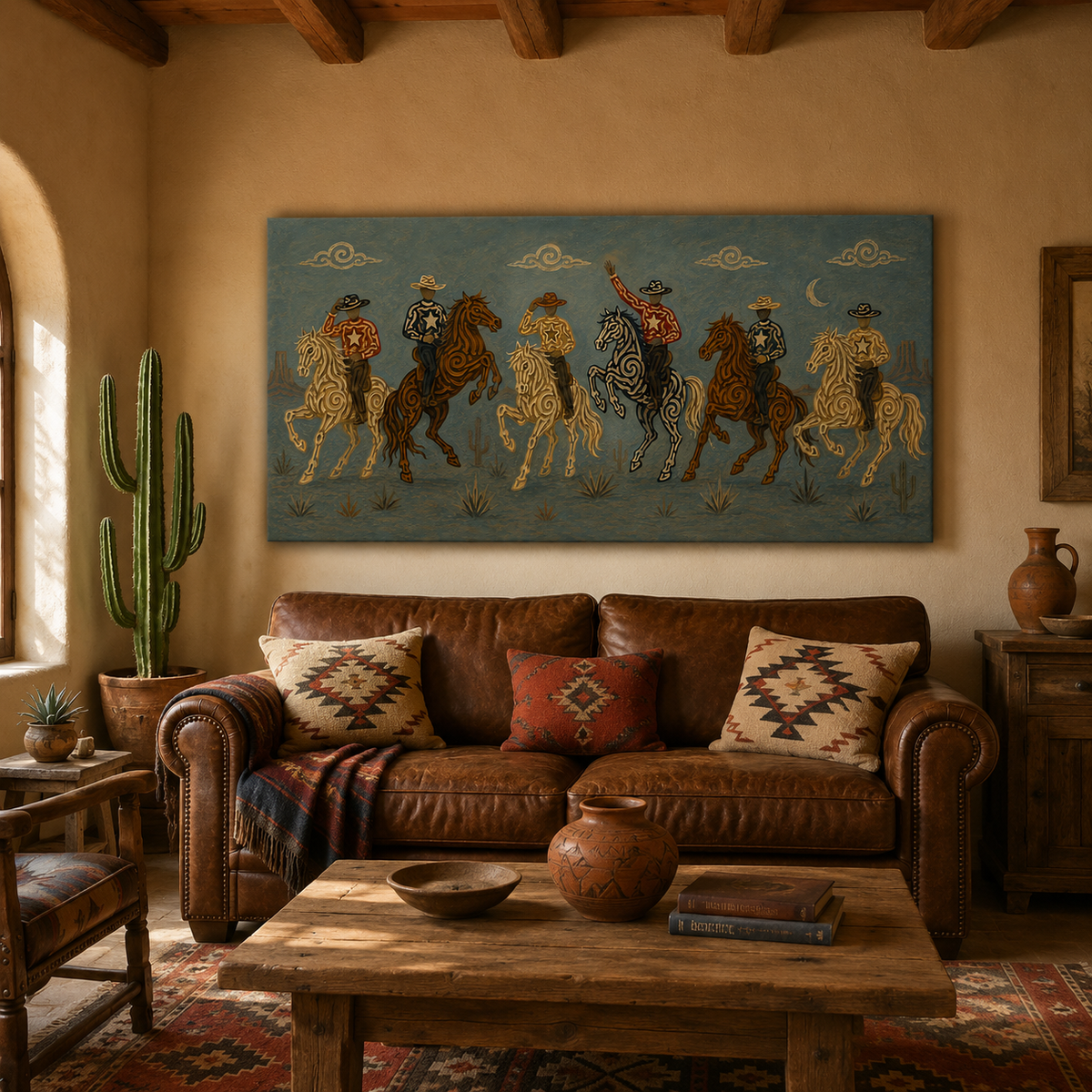 Blue Moon Cowboy Riders Painting, Panoramic Western Horse Art, Southwestern Desert Night Decor