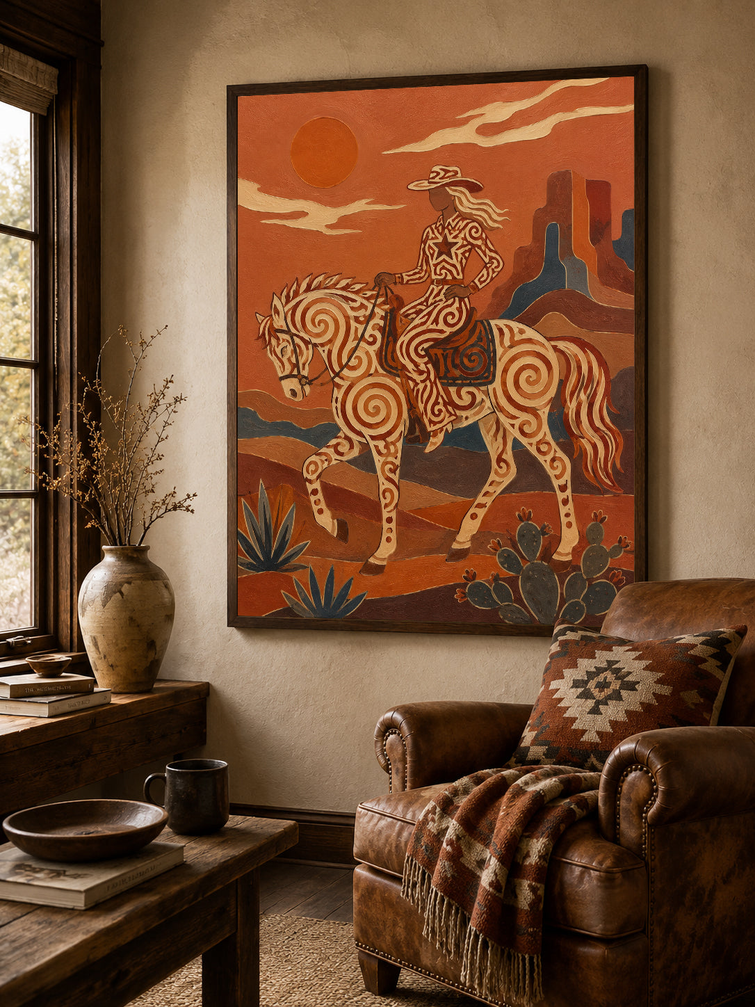 Southwestern Cowgirl Painting, Desert Horse, Canyon Folk Wall Art, Rustic Ranch Decor