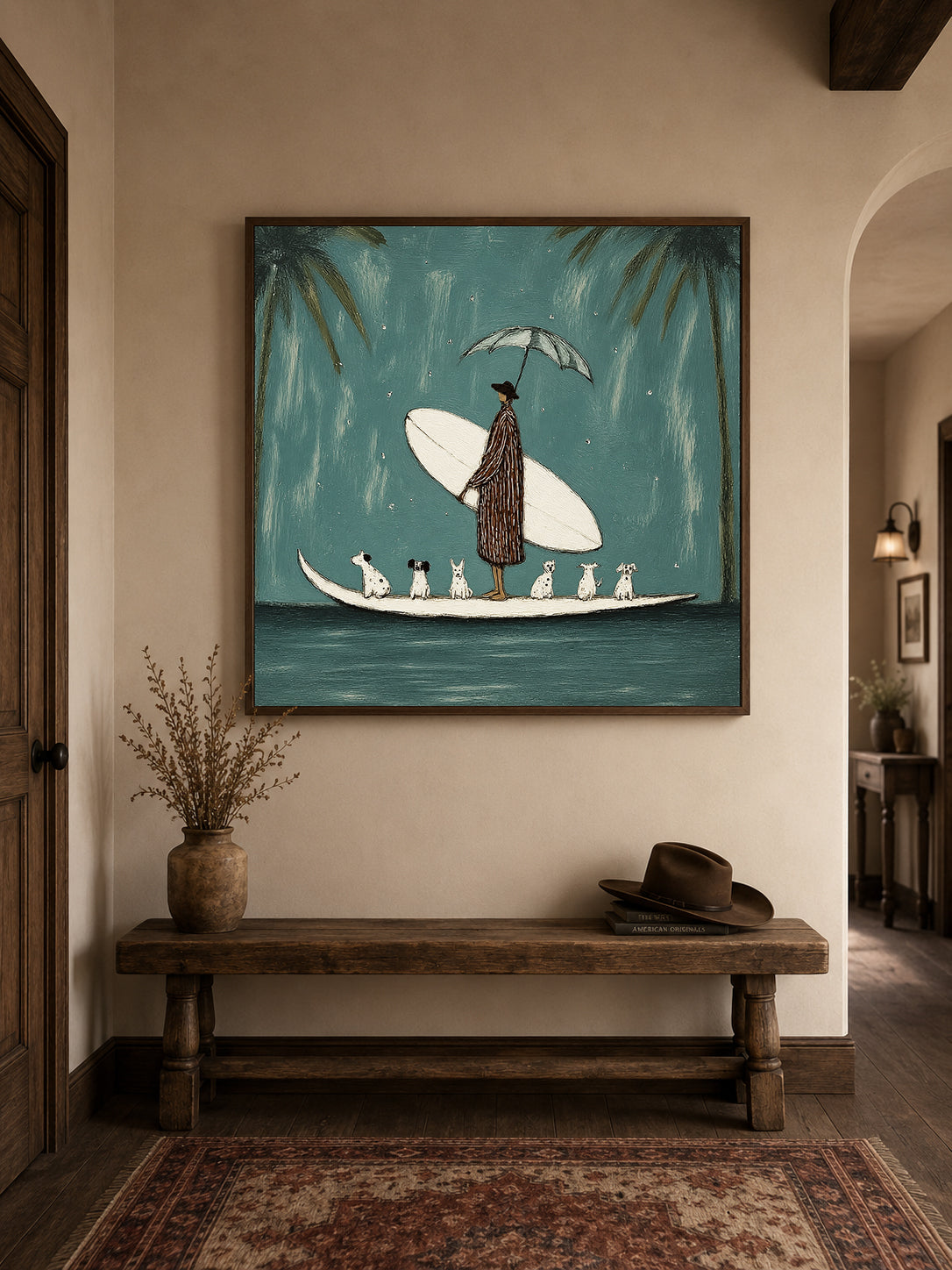 Coastal Dog Lover Wall Art For Living Room Blue Teal Surf Painting