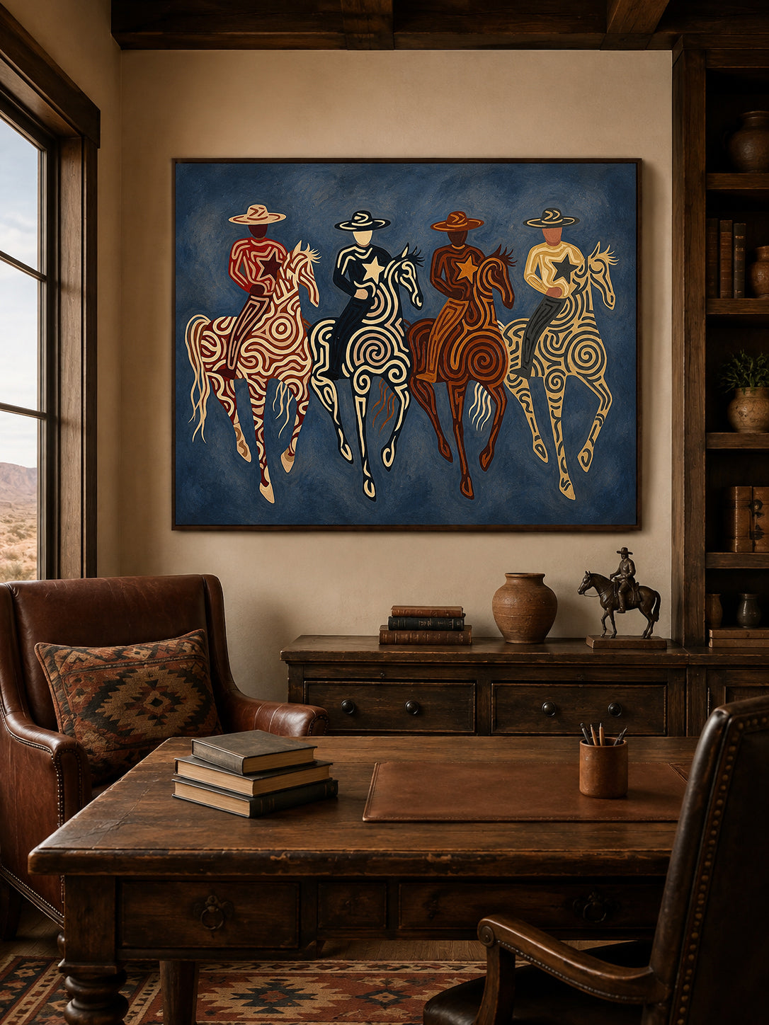 Four Cowboy Riders Painting, Navy Blue Western Horse Art, Southwestern Folk Wall Decor