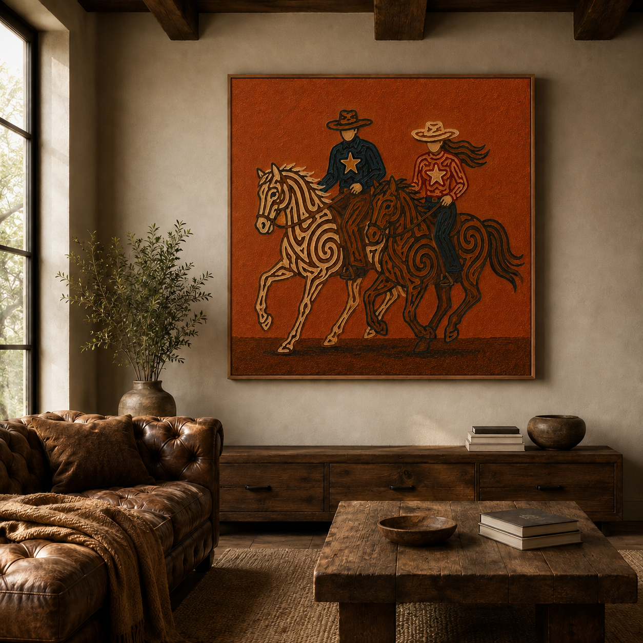 Two Cowboys Horses Art, Cowboy And Cowgirl Wall Decor, Dynamic Ranch Horses Canvas