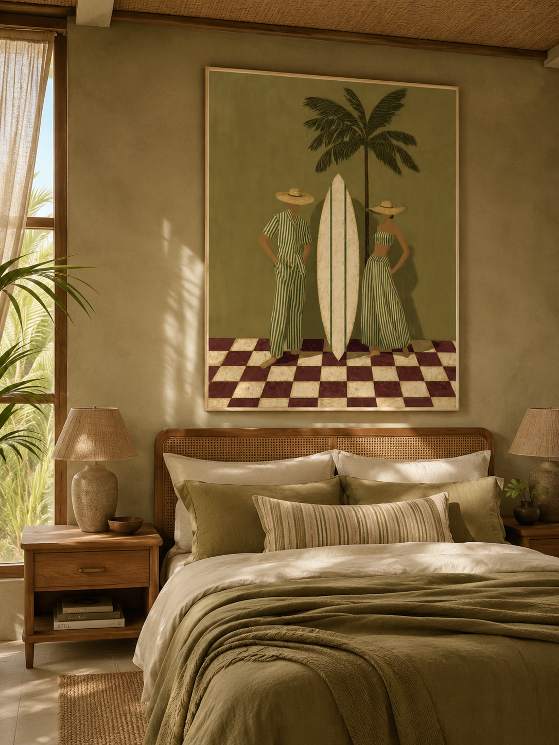 Vintage Green Stripe Beach Art With Palm Tree And Surfboard For Coastal Living Room Wall Decor