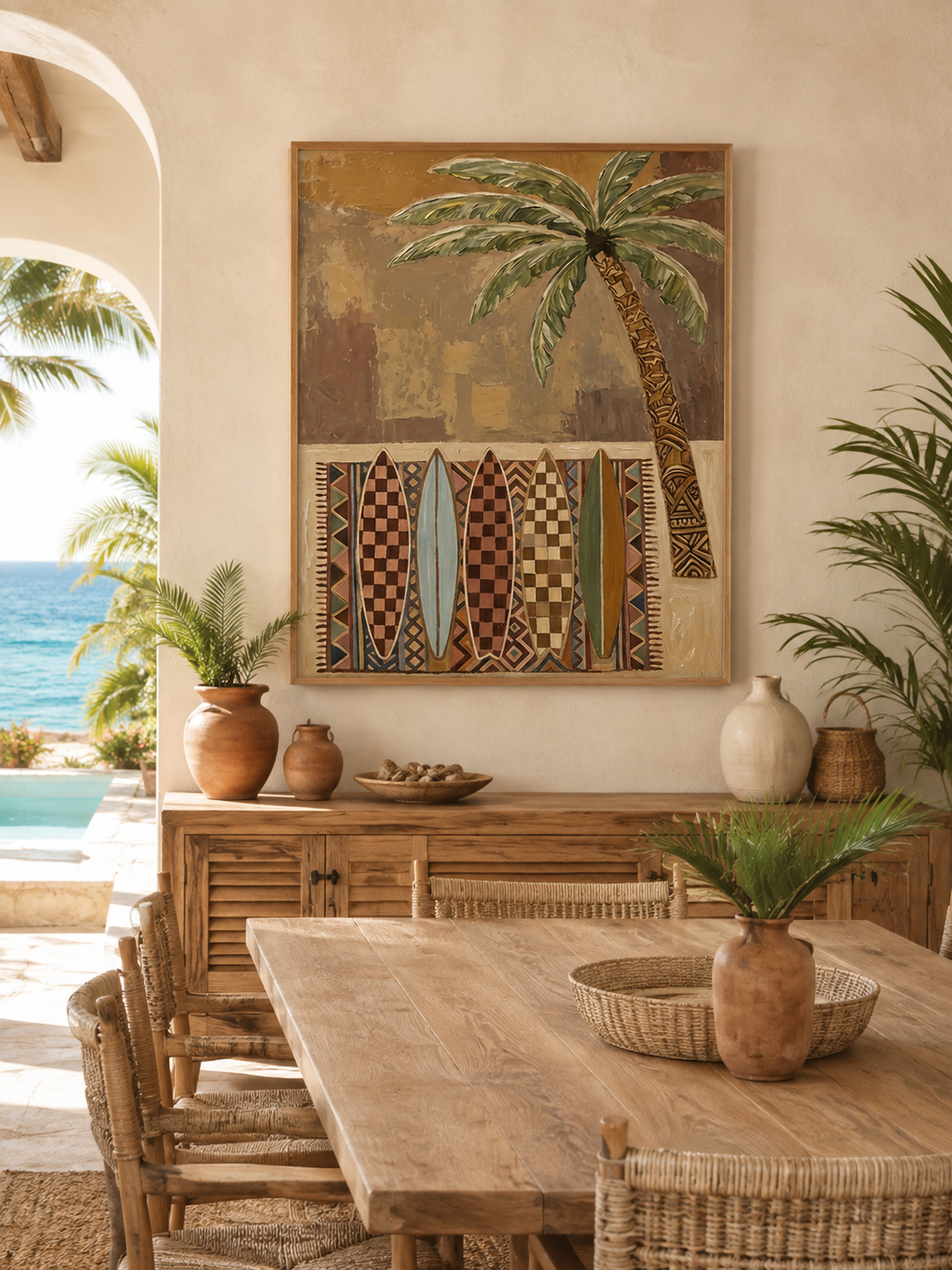 Bohemian Surfboard Painting With Palm Tree For Beach House Living Room Wall Art