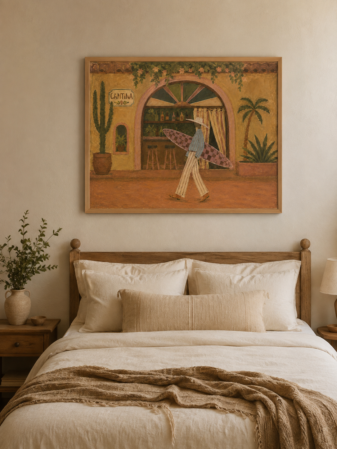 Retro Surfer Cantina Painting For Beach House Decor Cantina Wall Art, Western Coastal Surf Decor