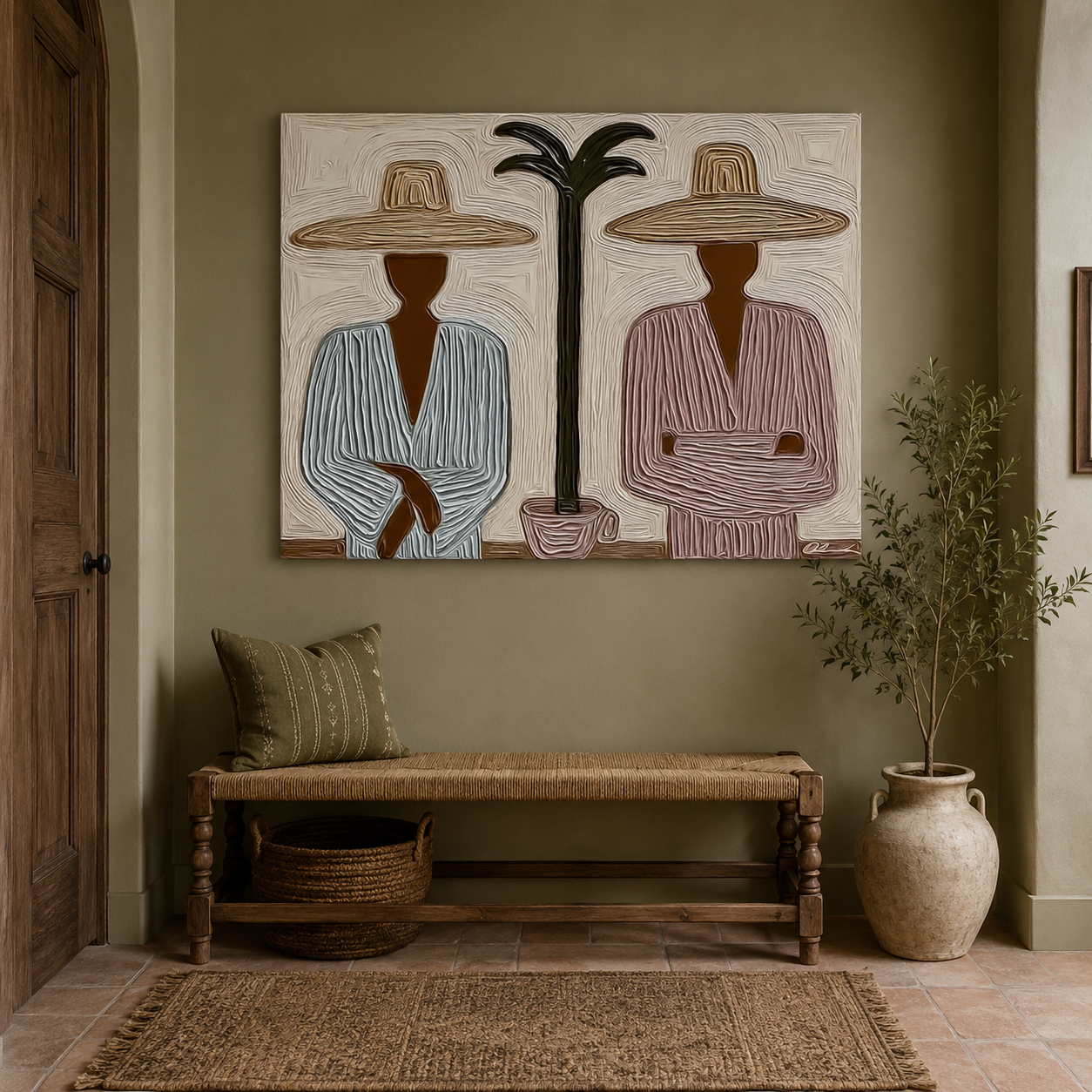 Wabi Sabi Tropical Art With Palm Tree And Minimalist Figures For Modern Home Decor