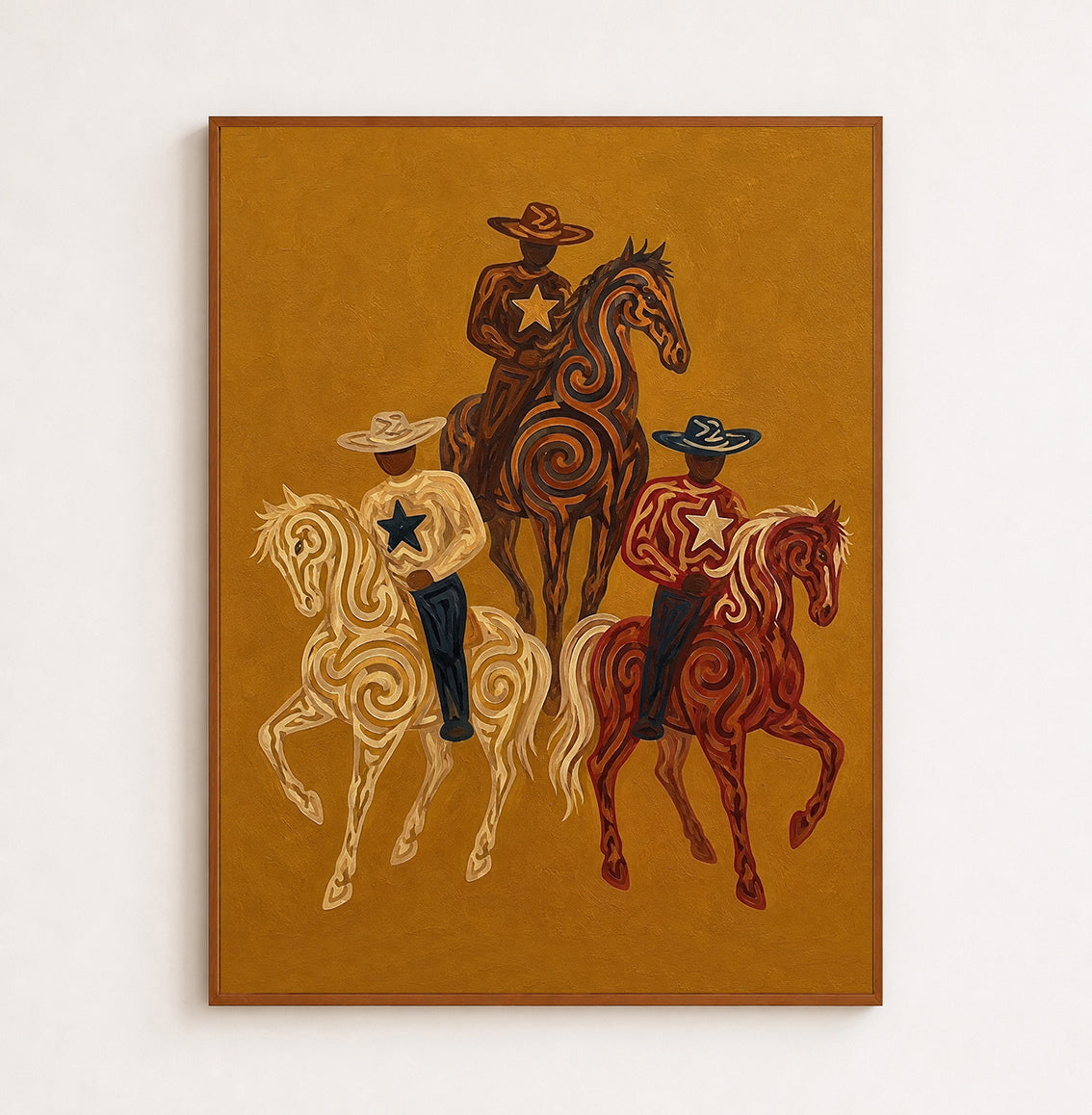 Western Cowboy Horse Oil Painting, Mustard Southwestern Wall Art, Hand Painted Ranch Decor