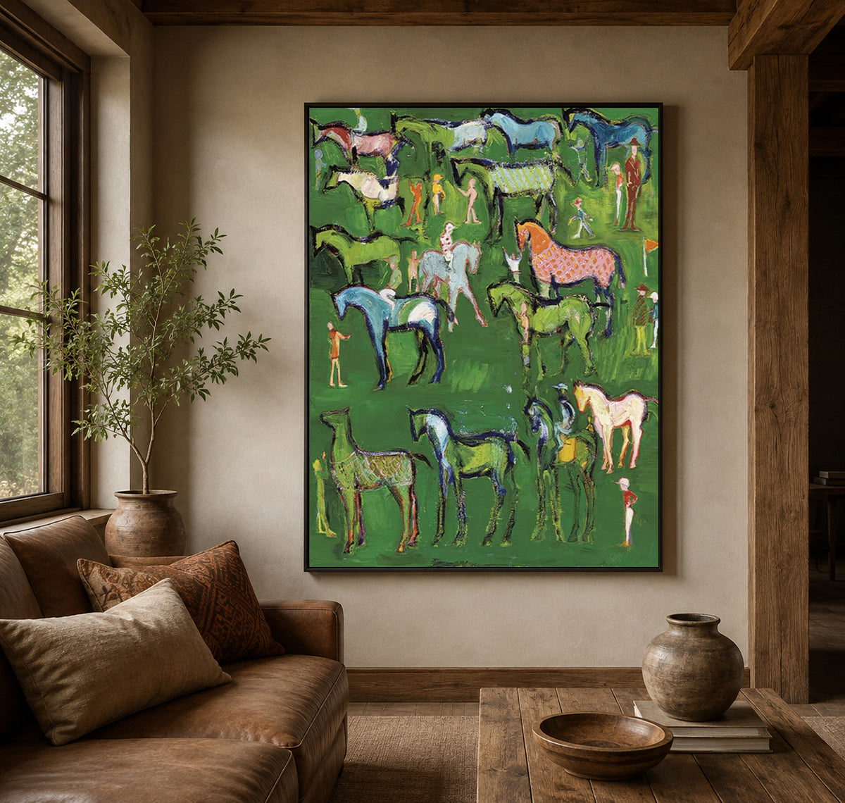 Hand-Painted Folk Horse Painting With Colorful Horses On Green Canvas Art