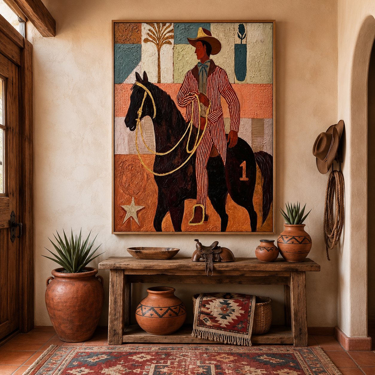 Vintage Cowboy Painting On Horse With Textured Canvas For Western Home Decor