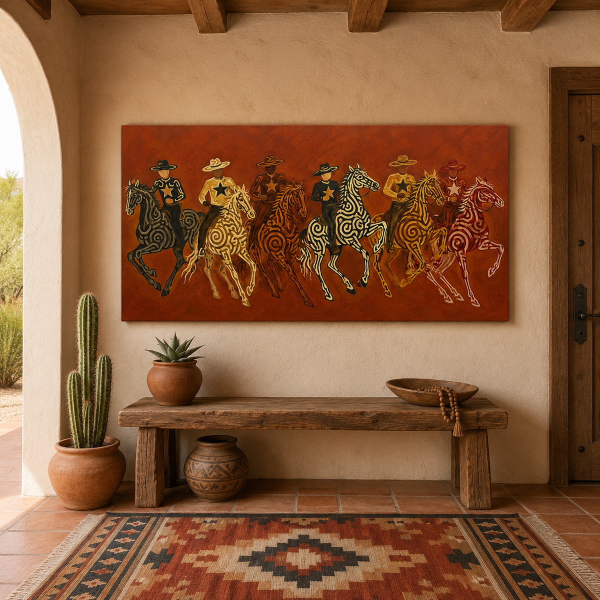 Panoramic Cowboy Horsemen Painting, Terracotta Western Riders, Rustic Ranch Wall Art