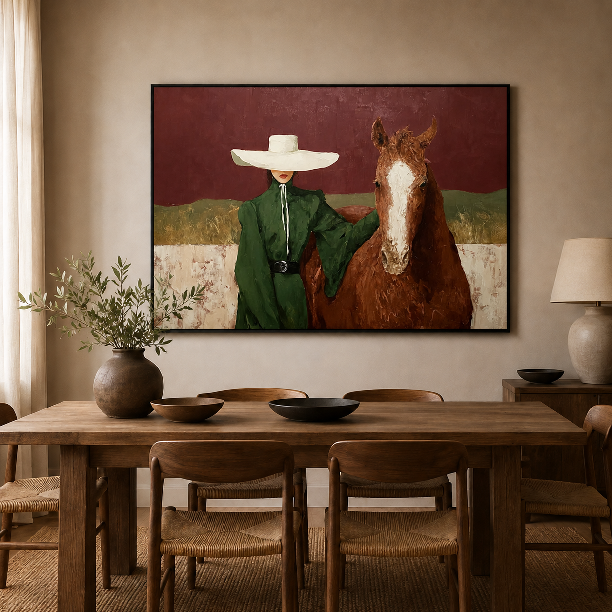 Elegant Woman With Horse Painting In Burgundy And Green For Modern Home Wall Art Decor