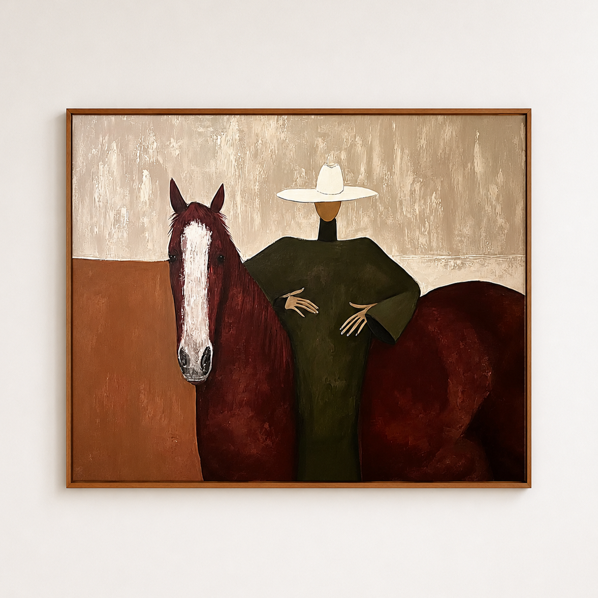 Mid Century Modern Horse Painting With Woman In Hat Square Canvas Art