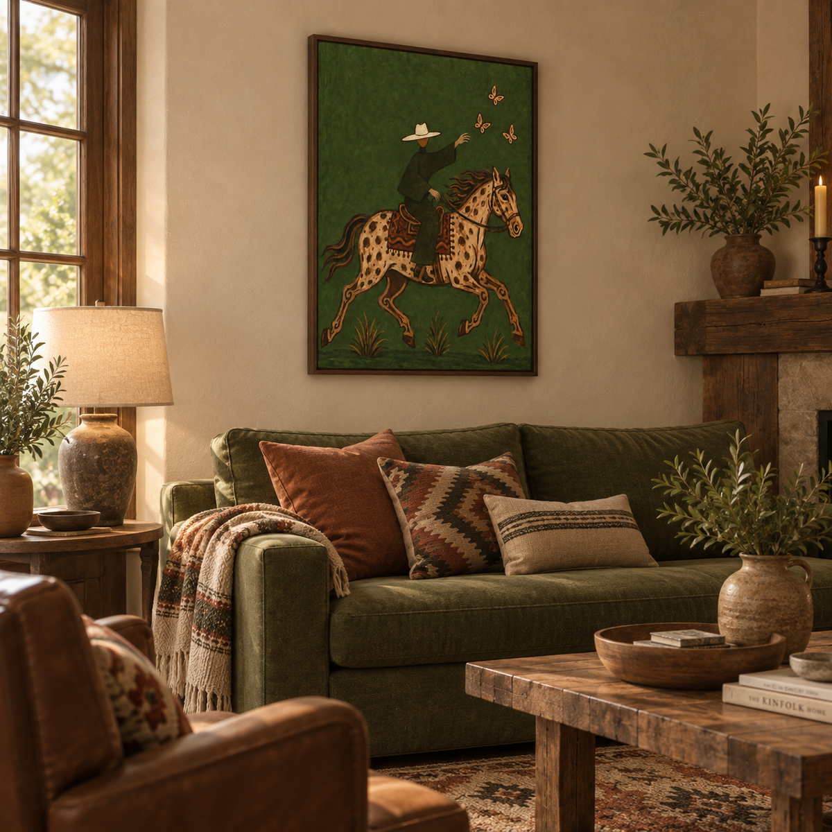 Cowboy And Spotted Horse Canvas Painting With Butterflies In Green