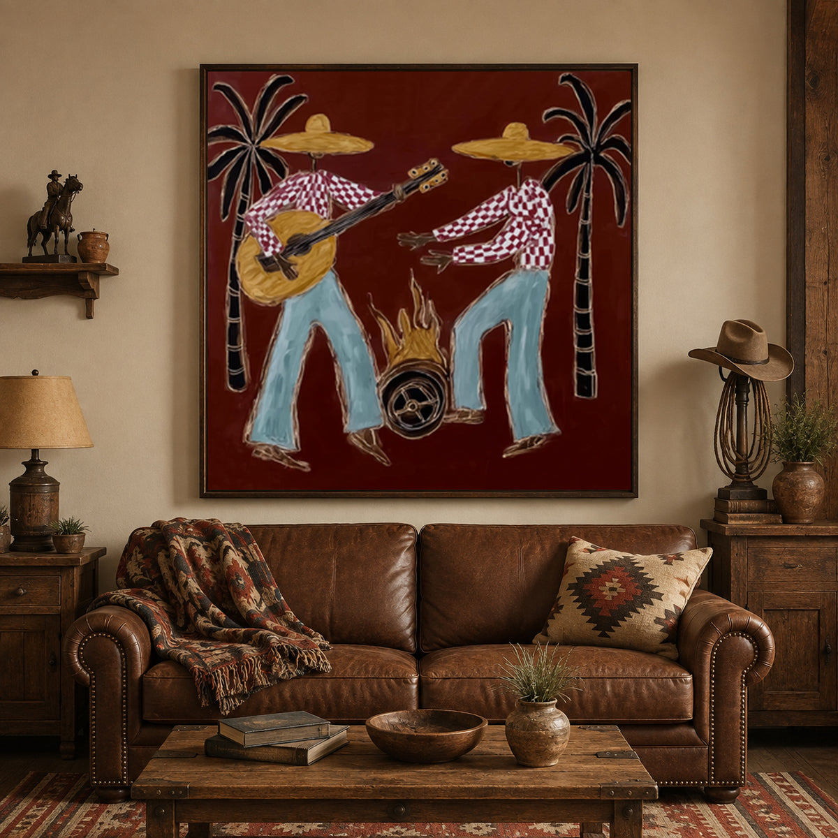 Folk Art Guitarists With Campfire Hand-Painted Canvas Wall Art Red Background Resort Painting