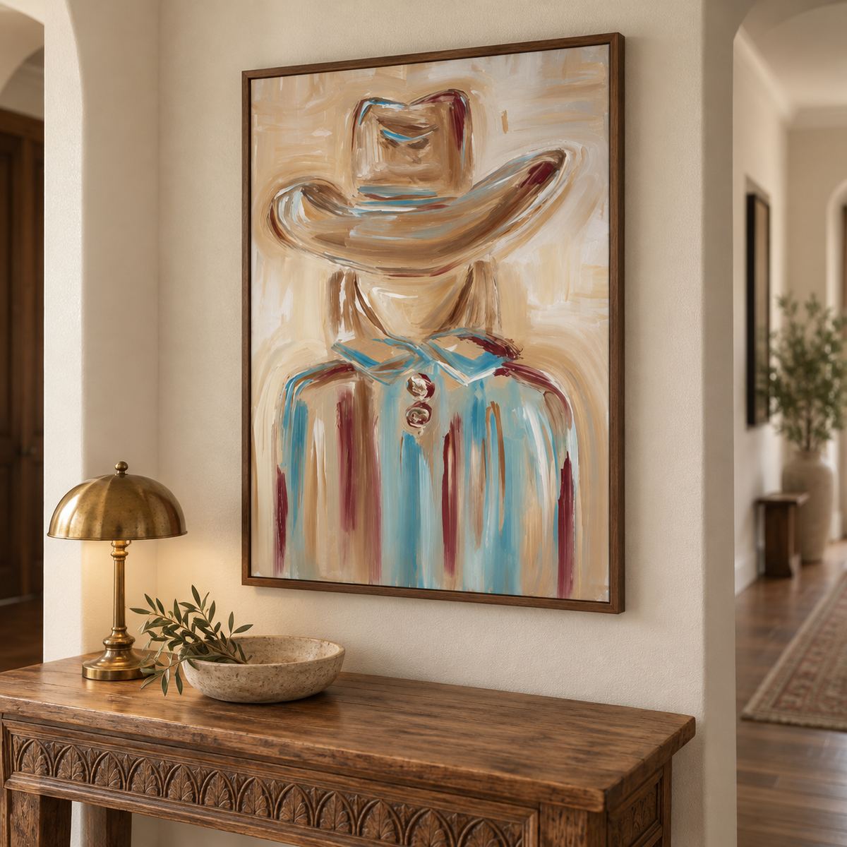 Cowgirl Portrait Canvas Painting Hand-Painted Wall Art In Blue And Beige