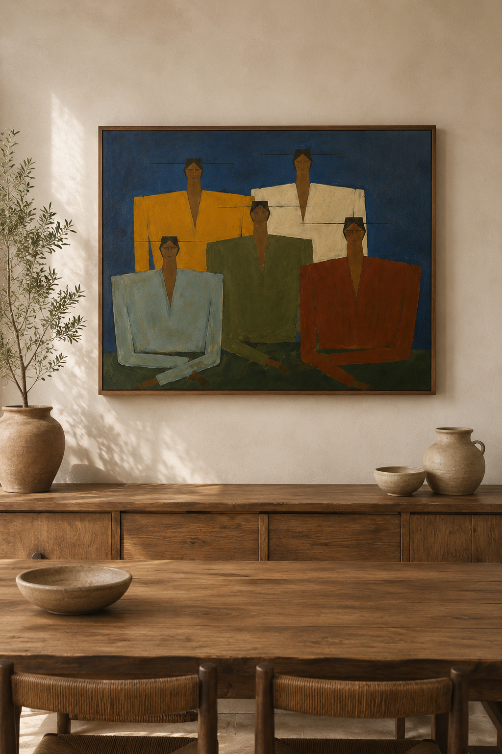 Mid-Century Modern Abstract People Group Oil Painting Large Figurative Wall Art for Modern Home