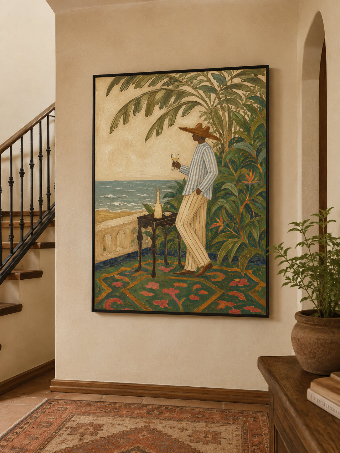 Mediterranean Wine Art Man By Sea Vintage Wall Decor For Dining Room Original Oil Painting On Linen Canvas