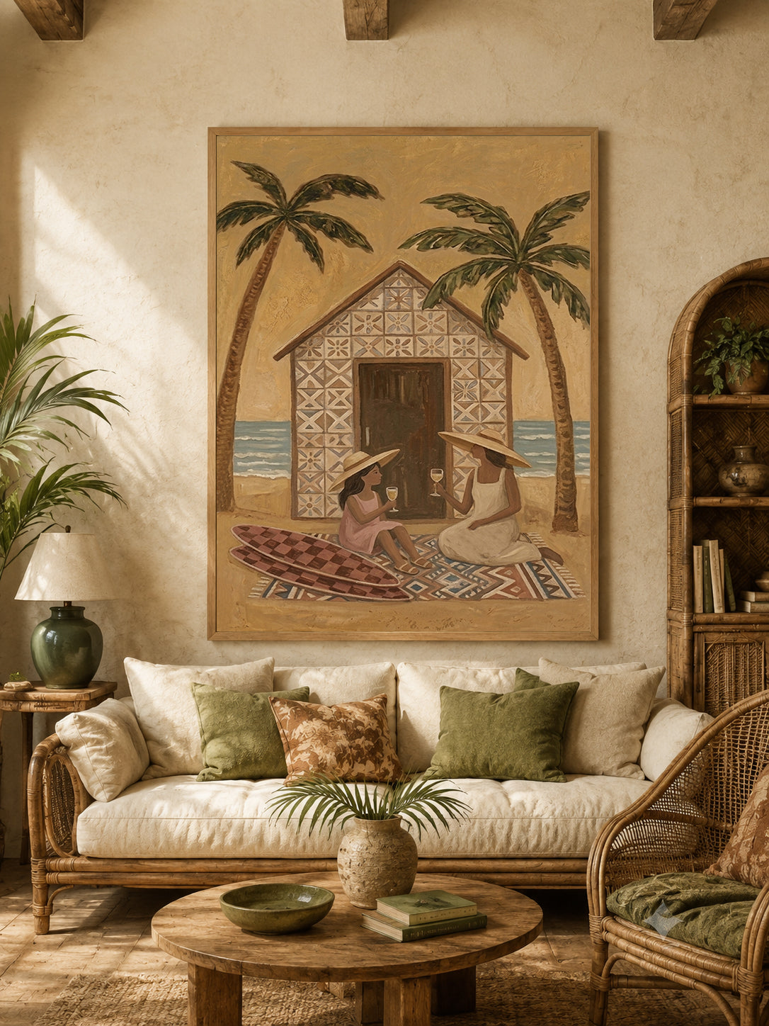 Bohemian Beach Art With Palm Trees And Mother Daughter Scene For Coastal Home Wall Decor