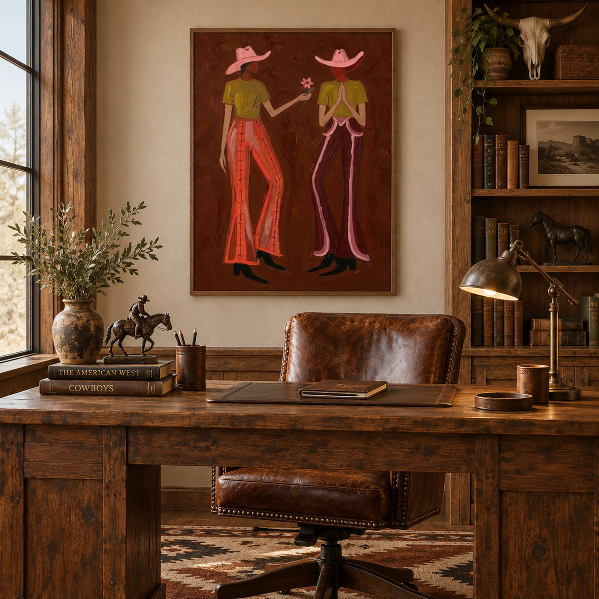 Cowgirl Flower Canvas Art, Retro Western Friendship Wall Decor, Dark Brown Aesthetic Painting