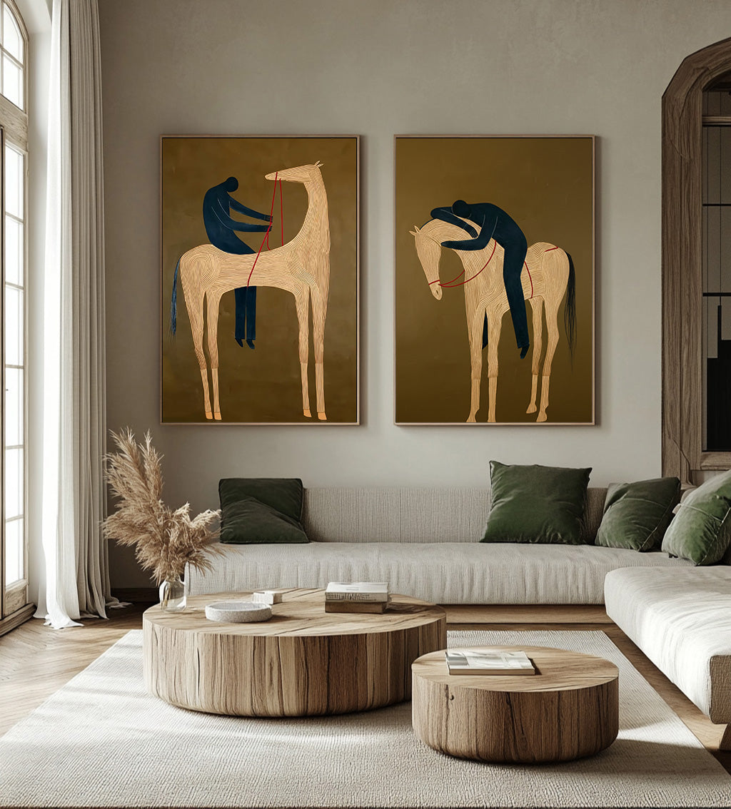 Original Equestrian Oil Painting Set Of Two With Green Background And Linear Horse Design