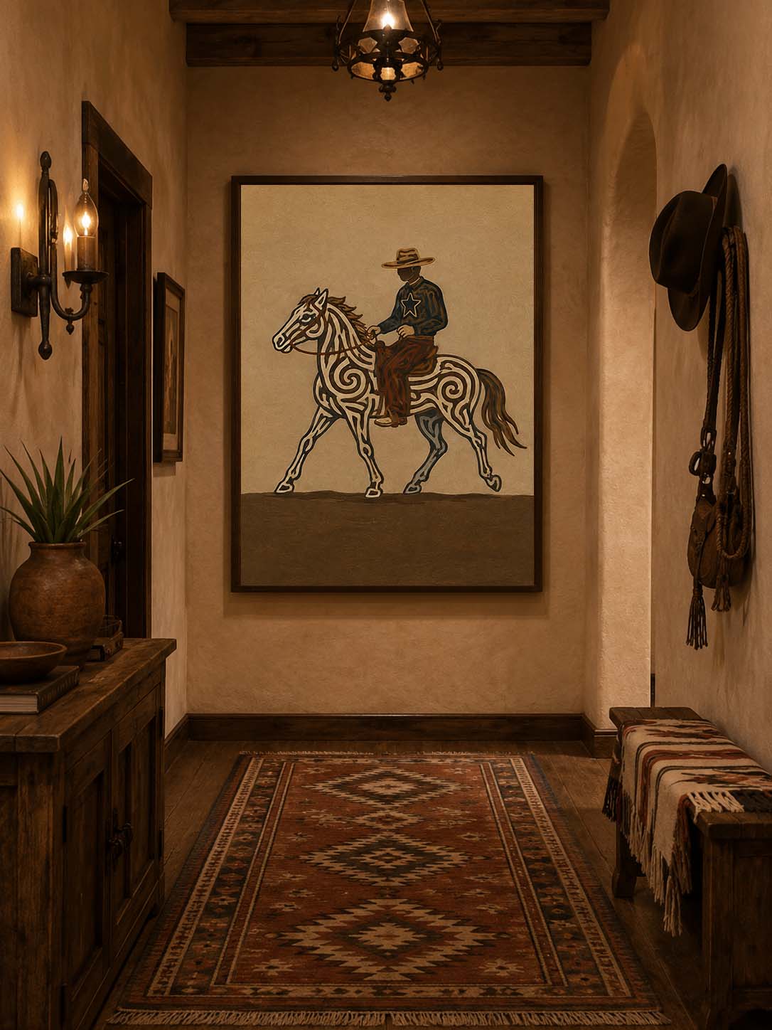 Western Cowboy Horse Painting, Rustic Ranch Equestrian Wall Art, Southwestern Folk Decor